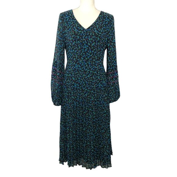 SKIES ARE BLUE Women's Midi Dress Balloon Sleeves Pleated Medium Green Multicolo - Picture 12 of 12